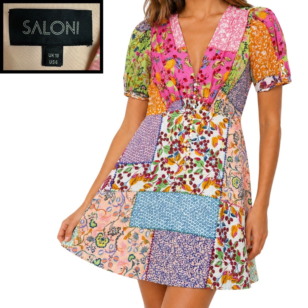 Saloni Patchwork Print Mini Fit & Flare Dress Floral Melange Women 6 Cottagecore
